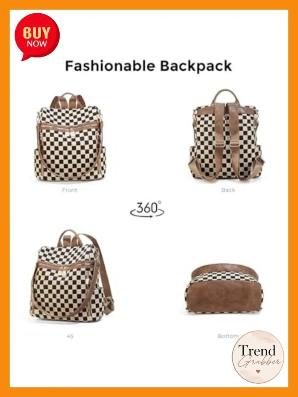 Checkered Canvas PU Backpack Purse for Women, 13.7